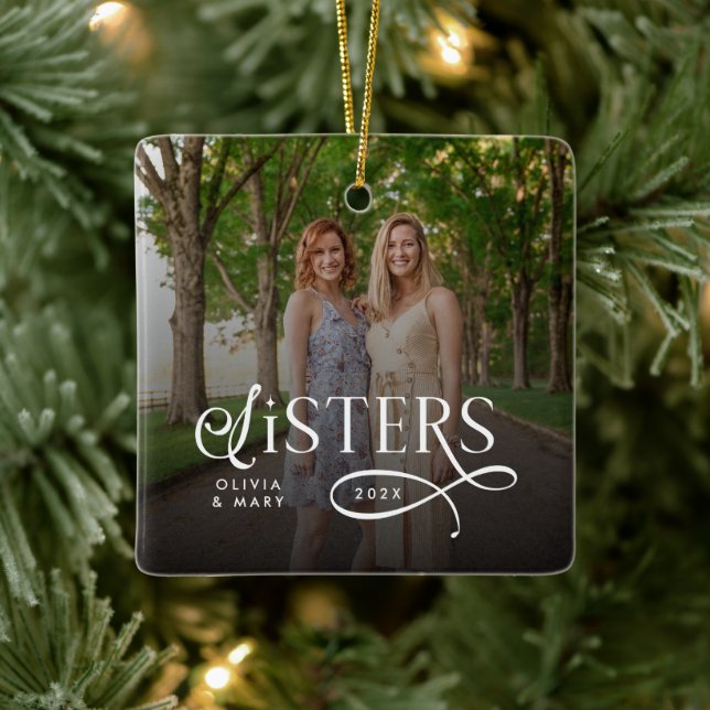 Sisters Photo Personalized Monogram Ceramic Ornament (Tree)