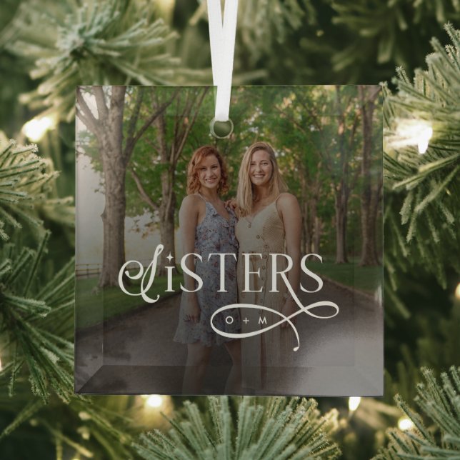 Sisters Photo Personalized Monogram Glass Tree Decoration (Insitu)