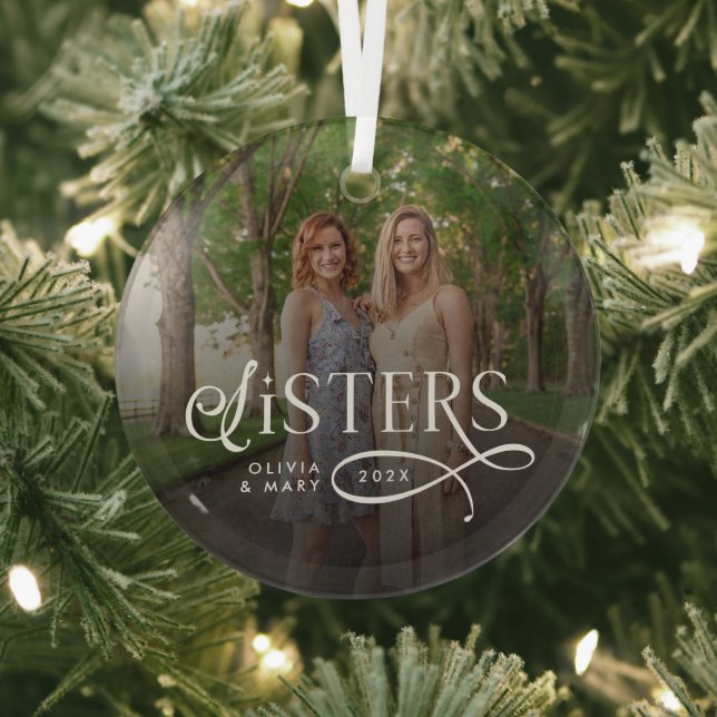 Sisters Photo Personalized Monogram Glass Tree Decoration (Insitu)