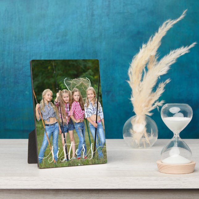 Sisters Photo White Script Typography Overlay Plaque (Side)