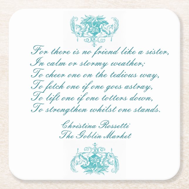 Sisters Poem by C Rosetti in Blue Square Paper Coaster (Front)