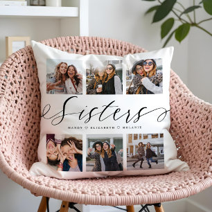 Sisters Script   Gift For Sisters Photo Collage Cushion