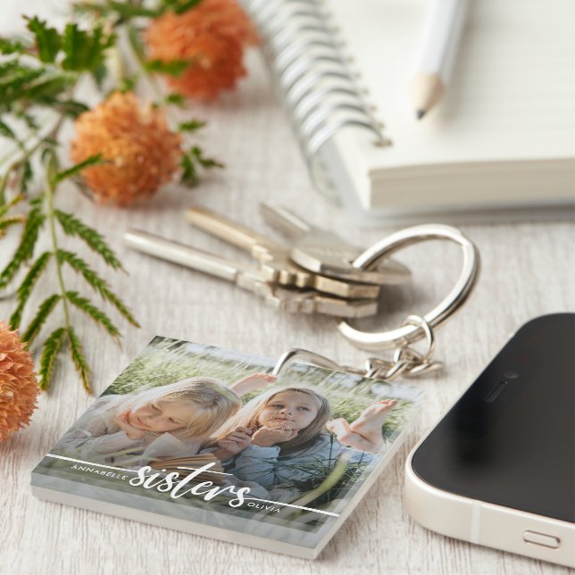 Sisters Script Modern Photo Key Ring (Front Right)