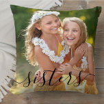 Sisters Script Overlay 2 Photo Personalised Cushion<br><div class="desc">Sisters photo pillow, personalised with your names. The photo template is set up for you to add your own pictures - one of the front and one on the back. The front has an elegant script overlay which simply reads "sisters" whilst the back has your names in bold typography. This...</div>