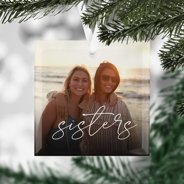 Sisters Script Overlay Custom Photo Glass Tree Decoration (Creator Uploaded)