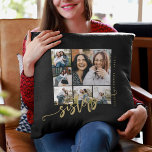 Sisters script photo collage gift cushion<br><div class="desc">Black gold modern throw pillow template special keepsake gift for sisters with six custom photos and modern calligraphy script. Personalise it with your pictures and text! Please note that the background colour is changeable. You can replace the black with any other colour after selecting the EDIT USING DESIGN TOOL option....</div>