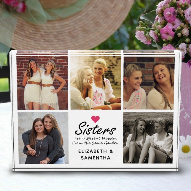 Sisters Script Quote Hot Pink Heart Photo Collage Block (Creator Uploaded)