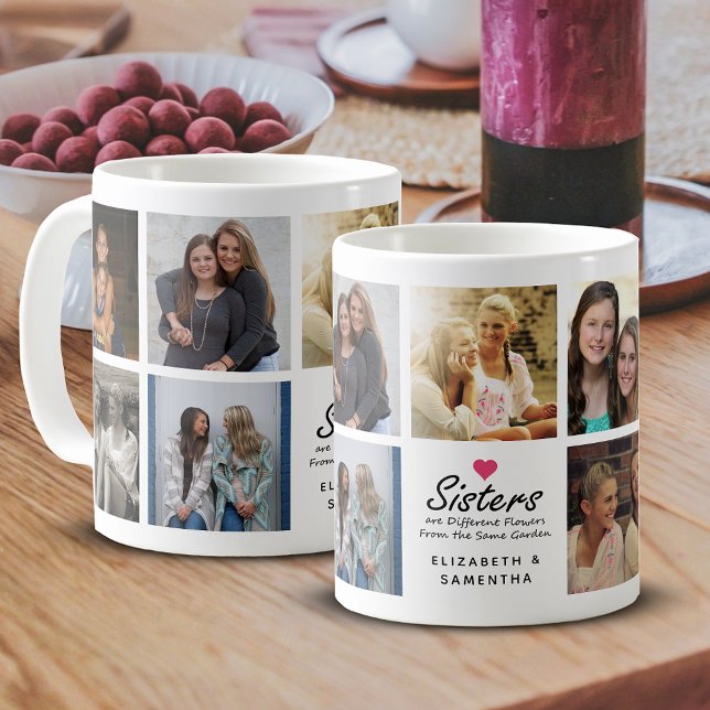Sisters Script Quote Hot Pink Heart Photo Collage Coffee Mug (Creator Uploaded)