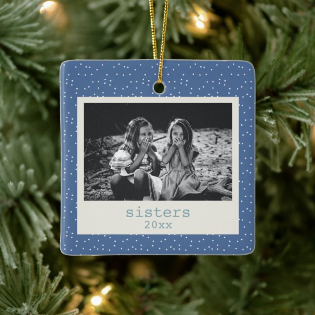 Sisters Simple Modern Blue Dots Customized Photo Ceramic Ornament (Tree)