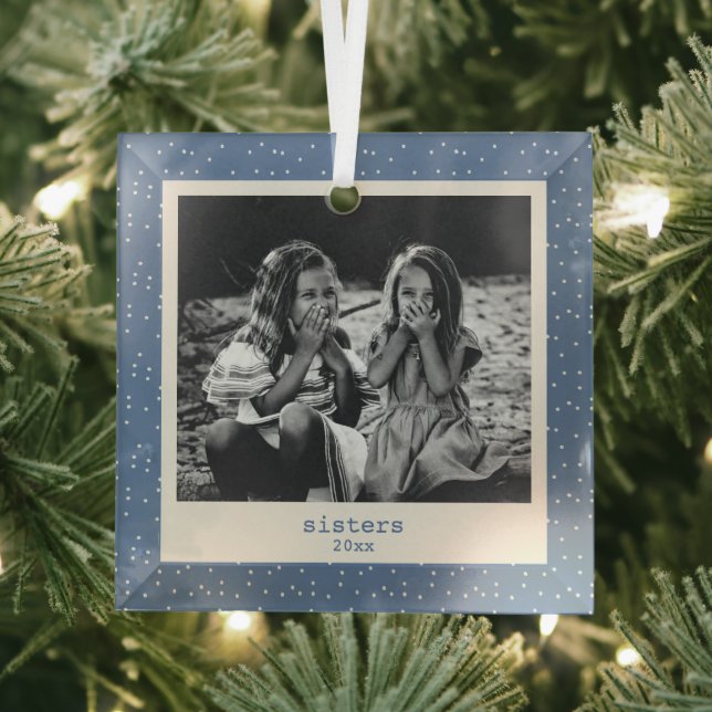 Sisters Simple Modern Blue Dots Customized Photo Glass Tree Decoration (Insitu)