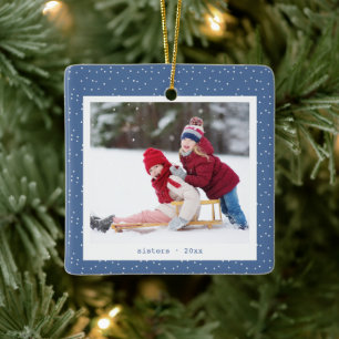 Sisters Simple Modern Blue Dots Personalised Photo Ceramic Ornament