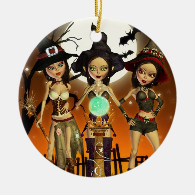 Sisters Three Witch Halloween Round Ornament (Front)