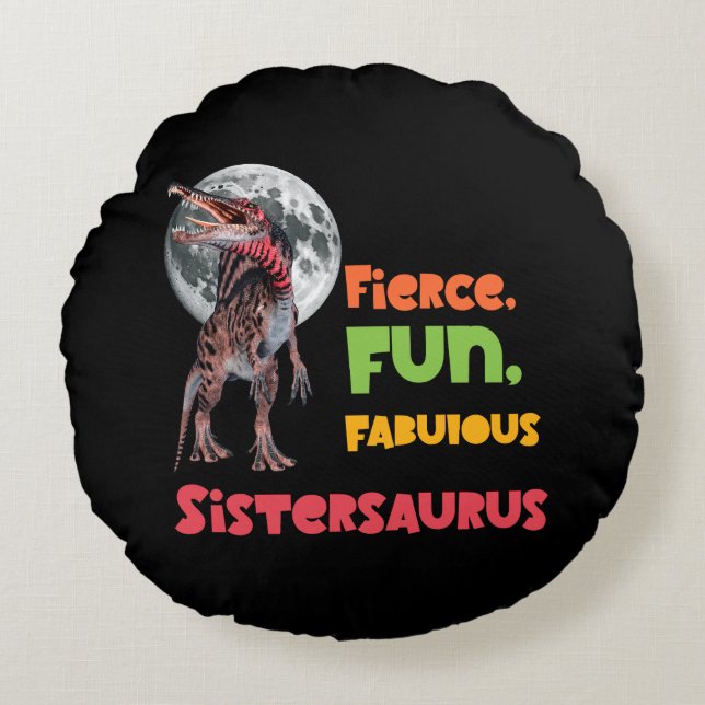 Sistersaurus Matching Sisters Dino Squad Design Round Cushion (Front)