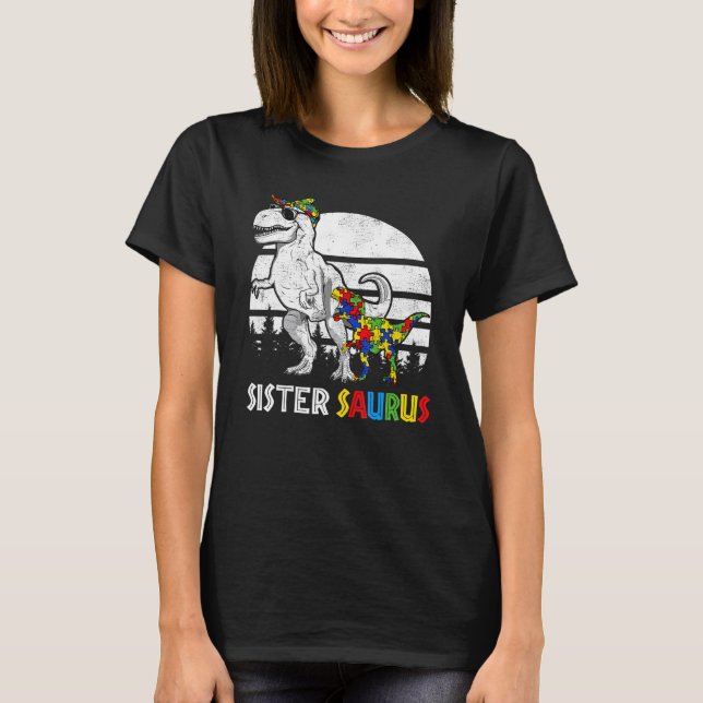 Sistersaurus Rex Dinosaur Puzzle Blue Autism Aware T-Shirt (Front)
