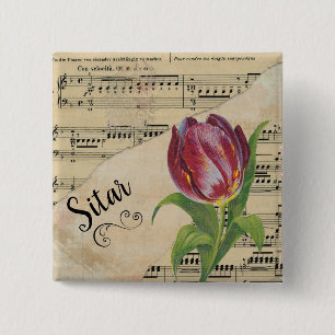 Sitar Elegant Tulip Vintage Sheet Music 15 Cm Square Badge