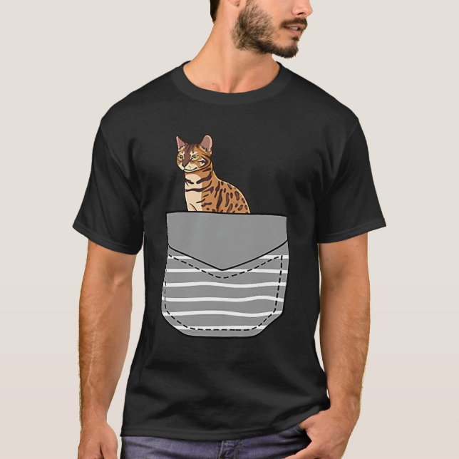 Sitting Bengal Cat In Pocket T-Shirt (Front)