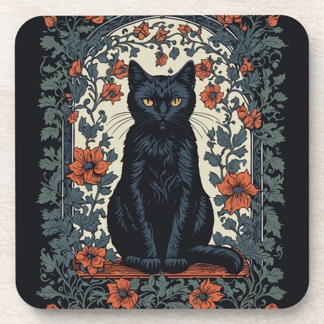 Sitting Black Cat Vintage Floral Coaster (Front)