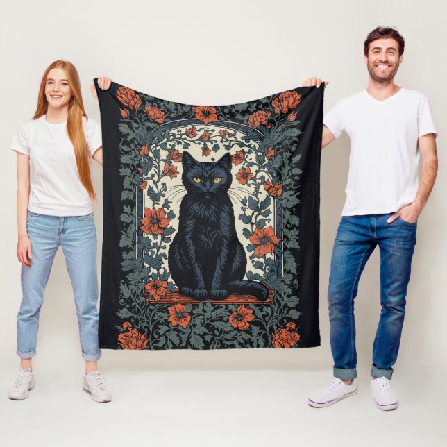 Sitting Black Cat Vintage Floral Fleece Blanket (In Situ)