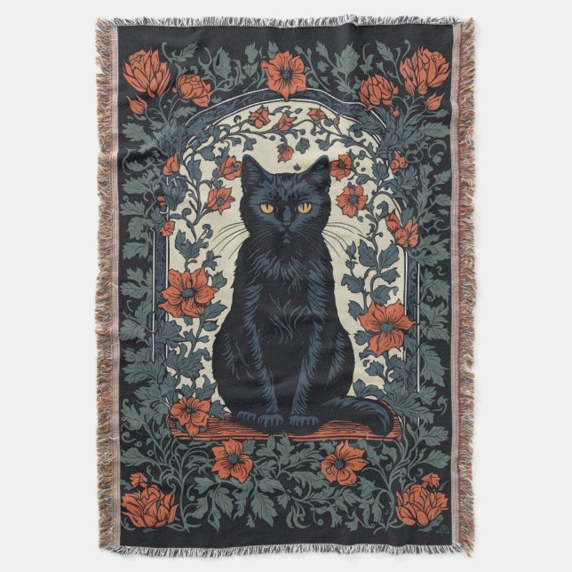 Sitting Black Cat Vintage Floral Throw Blanket (Front Vertical)