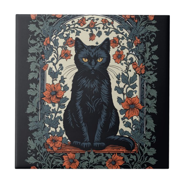 Sitting Black Cat Vintage Floral Tile (Front)