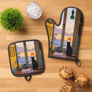 Sitting Black Cat Vintage Oven Mitt & Pot Holder Set