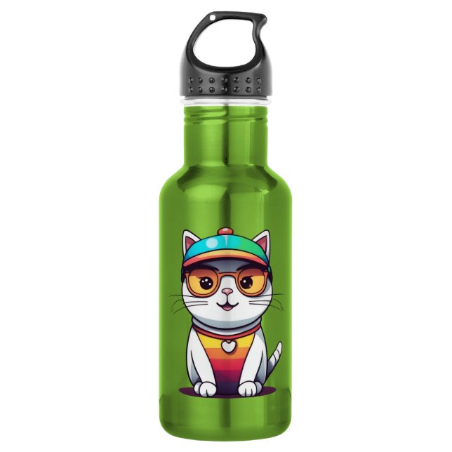 Sitting Cat Wearing Glasses And Hat 532 Ml Water Bottle (Front)