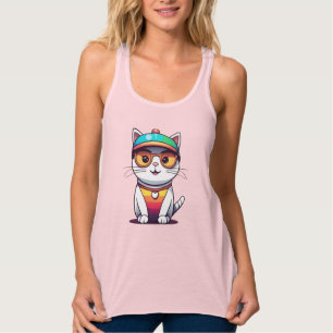 Sitting Cat Wearing Glasses And Hat Singlet