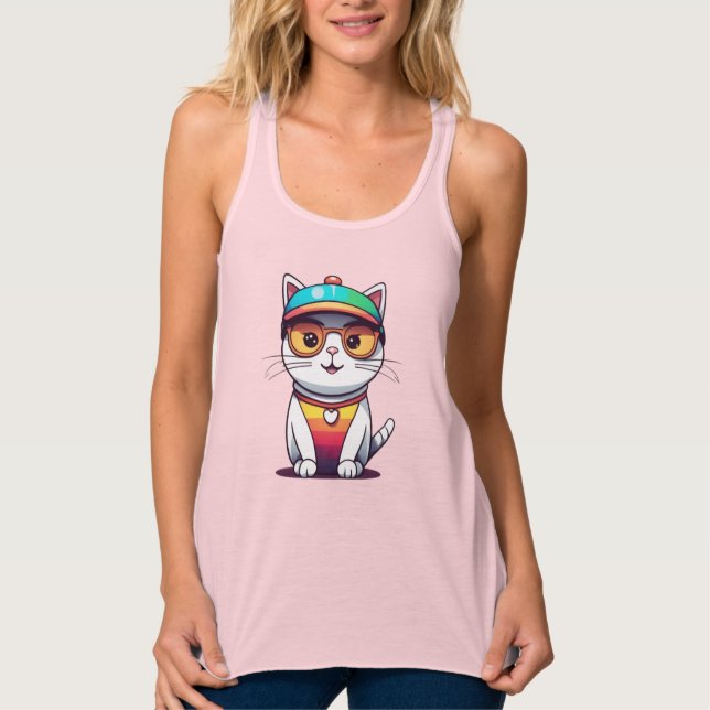 Sitting Cat Wearing Glasses And Hat  Singlet (Front)