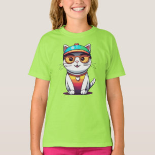 Sitting Cat Wearing Glasses And Hat  T-Shirt