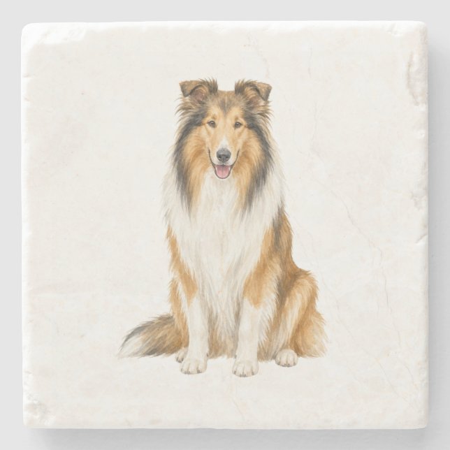 Sitting Collie Natural Stone Coaster (Front)