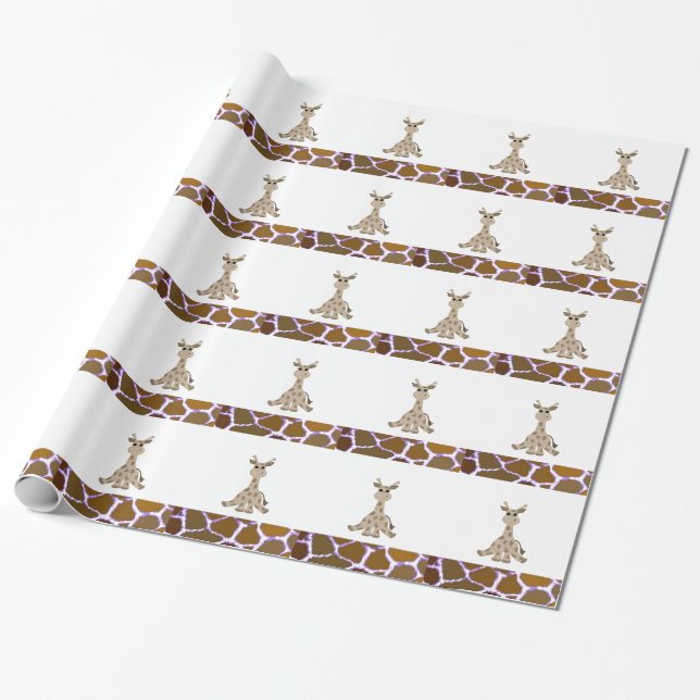Sitting Giraffe with Giraffe Fur Print Wrapping Paper (Unrolled)