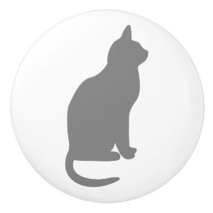 Sitting Grey Cat Facing Right Ceramic Knob