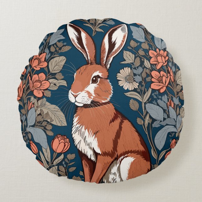 Sitting Hare William Morris Inspired Floral Round Cushion (Front)