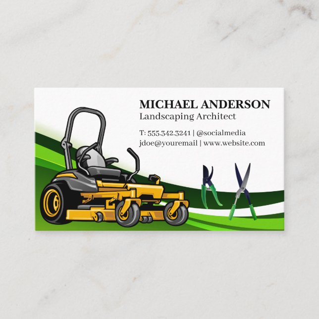 Sitting Lawn Mower | Gardening Tools Business Card (Front)