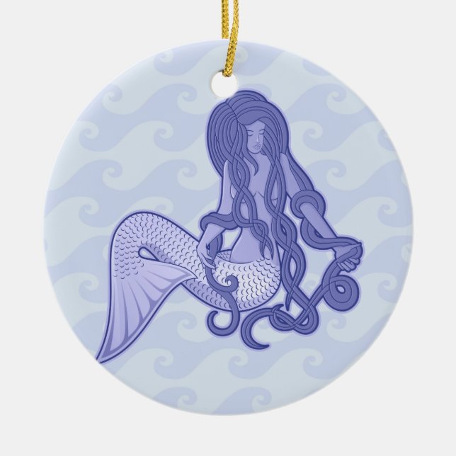 Sitting Mermaid Blue Ceramic Tree Decoration (Front)