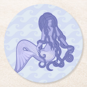 Sitting Mermaid Blue Round Paper Coaster