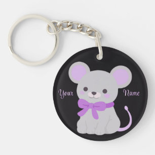 Sitting Mouse Purple Bow Cute Kawaii Custom Key Ring