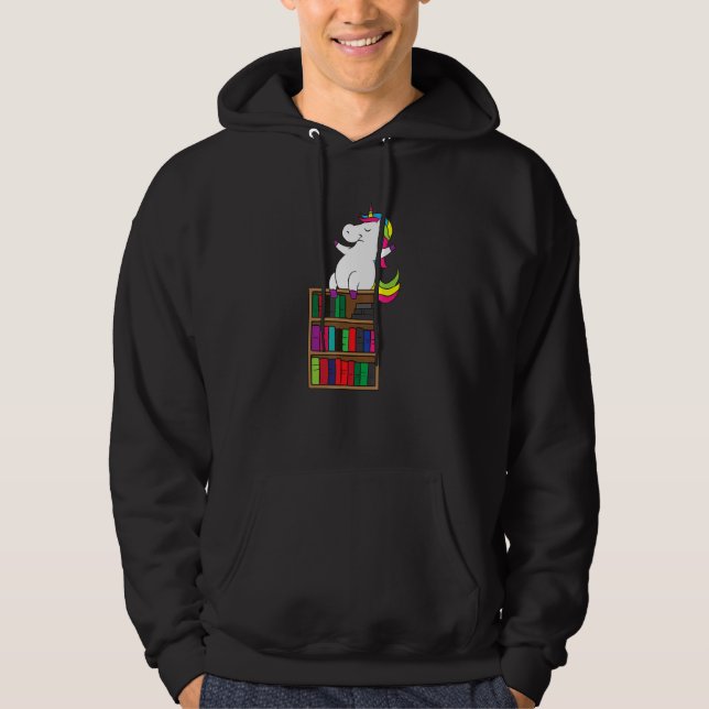Sitting On Bookshelf  Unicorn Reading Hoodie (Front)