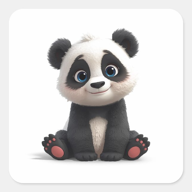 Sitting Panda Bear Cartoon Illustration Art Card Square Sticker (Front)