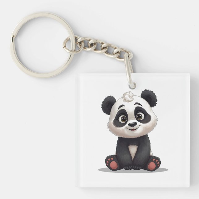 Sitting Panda Bear Cartoon Illustration Artwork Key Ring (Front)