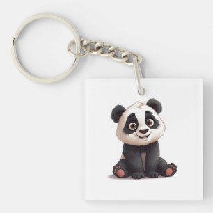 Sitting Panda Bear Cartoon Illustration Artwork Key Ring