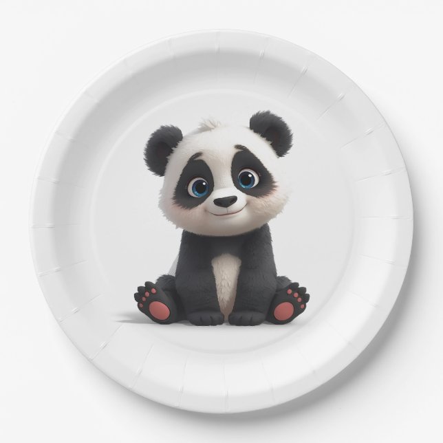Sitting Panda Bear Cartoon Illustration Artwork Paper Plate (Front)