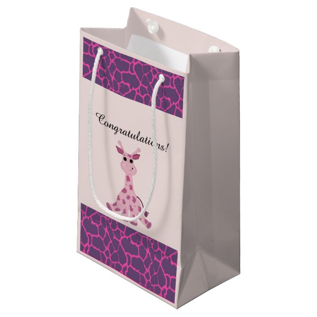 Sitting Pink Whimsical Giraffe Small Gift Bag (Front Angled)