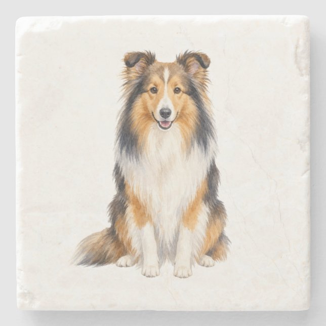 Sitting Shetland Sheepdog Natural Stone Coaster (Front)
