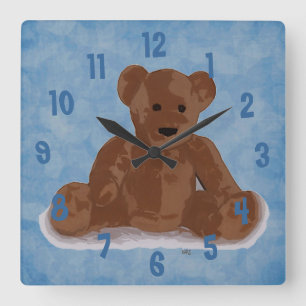 Sitting Teddy Bear (blue background) Square Wall Clock