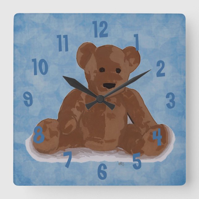 Sitting Teddy Bear (blue background) Square Wall Clock (Front)