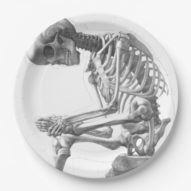 Sitting vintage skeleton thinking paper plate (Front)