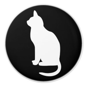 Sitting White Cat Facing Left Ceramic Knob