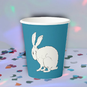 Sitting White Rabbit simple Illustration on blue Paper Cups