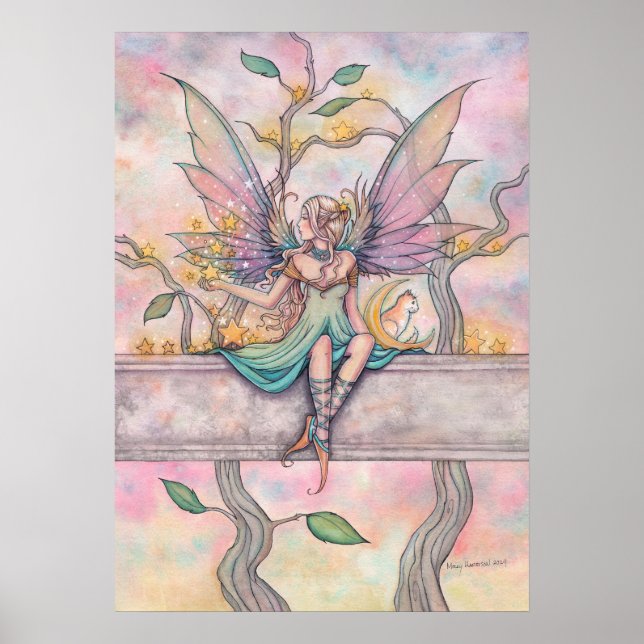 Sitting with Stars Fairy with Orange Tabby Art Poster (Front)